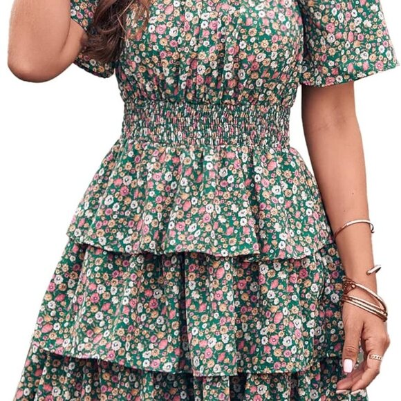 Dresses & Skirts - Women's Floral Summer Dress Square Neck Short Sleeve Tiered Boho Swing